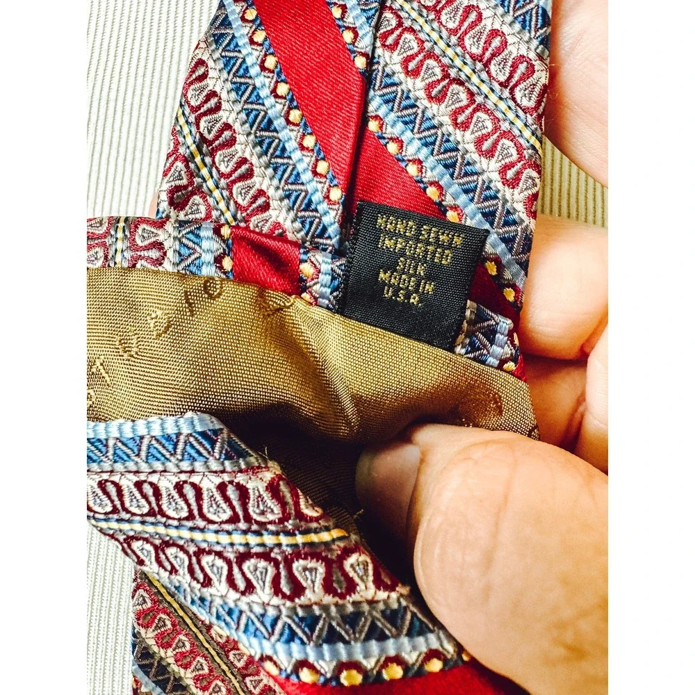 Robert‎ Talbott Studio Silk Tie Red Blue Gold Geometric Stripe Wide 4